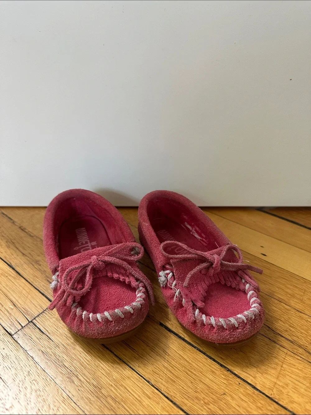 Minnetonka Pink Suede Kids Moccasin with Bow